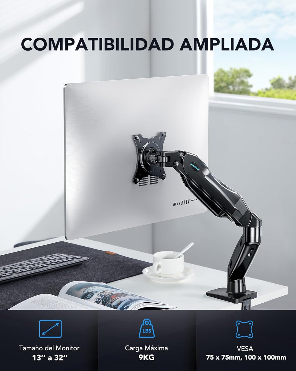 HUANUO Single Monitor Mount, 13 to 32 Inch Monitor Arm, Adjustable Monitor Stand, Vesa Mount with Clamp and Grommet Base - Fits 4.4 to 19.8lbs LCD Computer Monitors