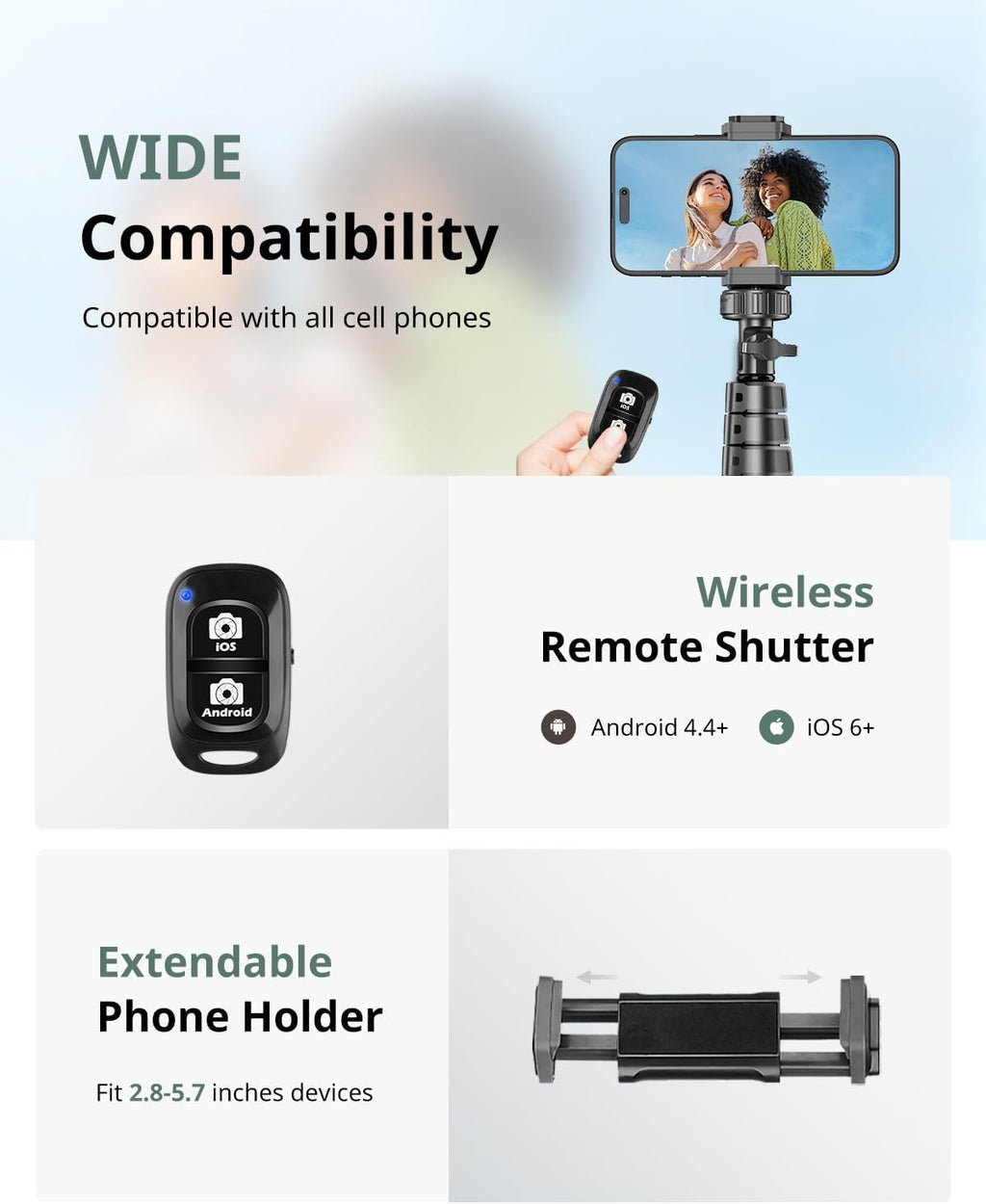 SENSYNE 62" Phone Tripod & Selfie Stick, Extendable Cell Phone Tripod Stand with Wireless Remote and Phone Holder, Compatible with iPhone Android Phone, Camera