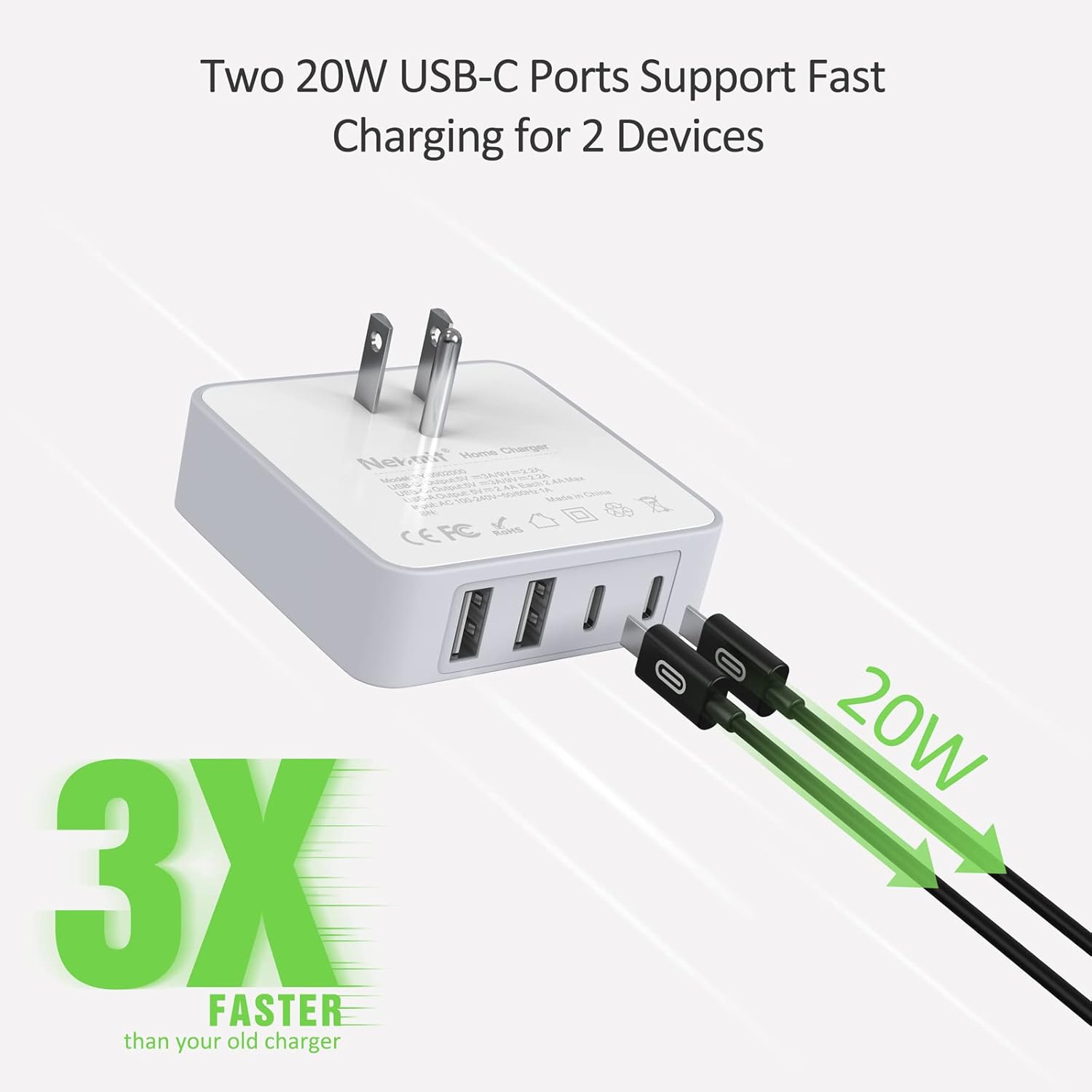 Nekmit USB C Charger, Thin Flat 52W 4-Port Fast Wall Charger with Two 20W Power Delivery and 2 Port for iPhone 14/14 Pro/14 Pro Max, Galaxy, Pixel, iPad Pro, AirPods More, Upgraded