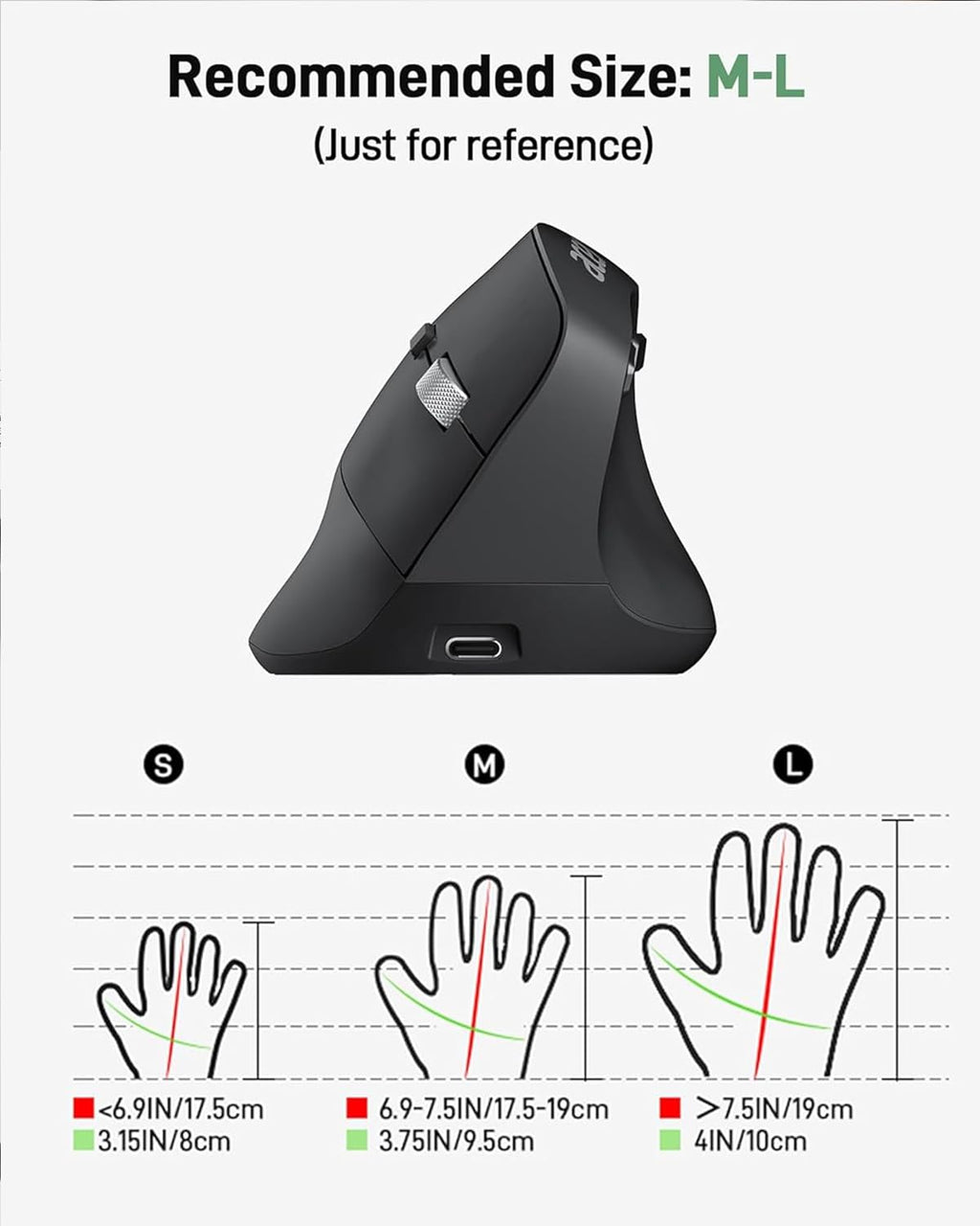 acer Ergonomic Mouse Wireless, Adjustable DPI Vertical Mouse 1000/1200/1600 with 6 Buttons, Rechargeable Ergo Mice with 2.4GHz USB Receiver for Computer, Laptop, PC, iMac and Desktop