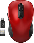 WisFox 2.4G Wireless Mouse for Laptop, Ergonomic Computer Mouse with USB Receiver and Type-C Adapter, 6 Button Cordless Mouse Wireless Mice for Windows Mac PC Notebook (Red)