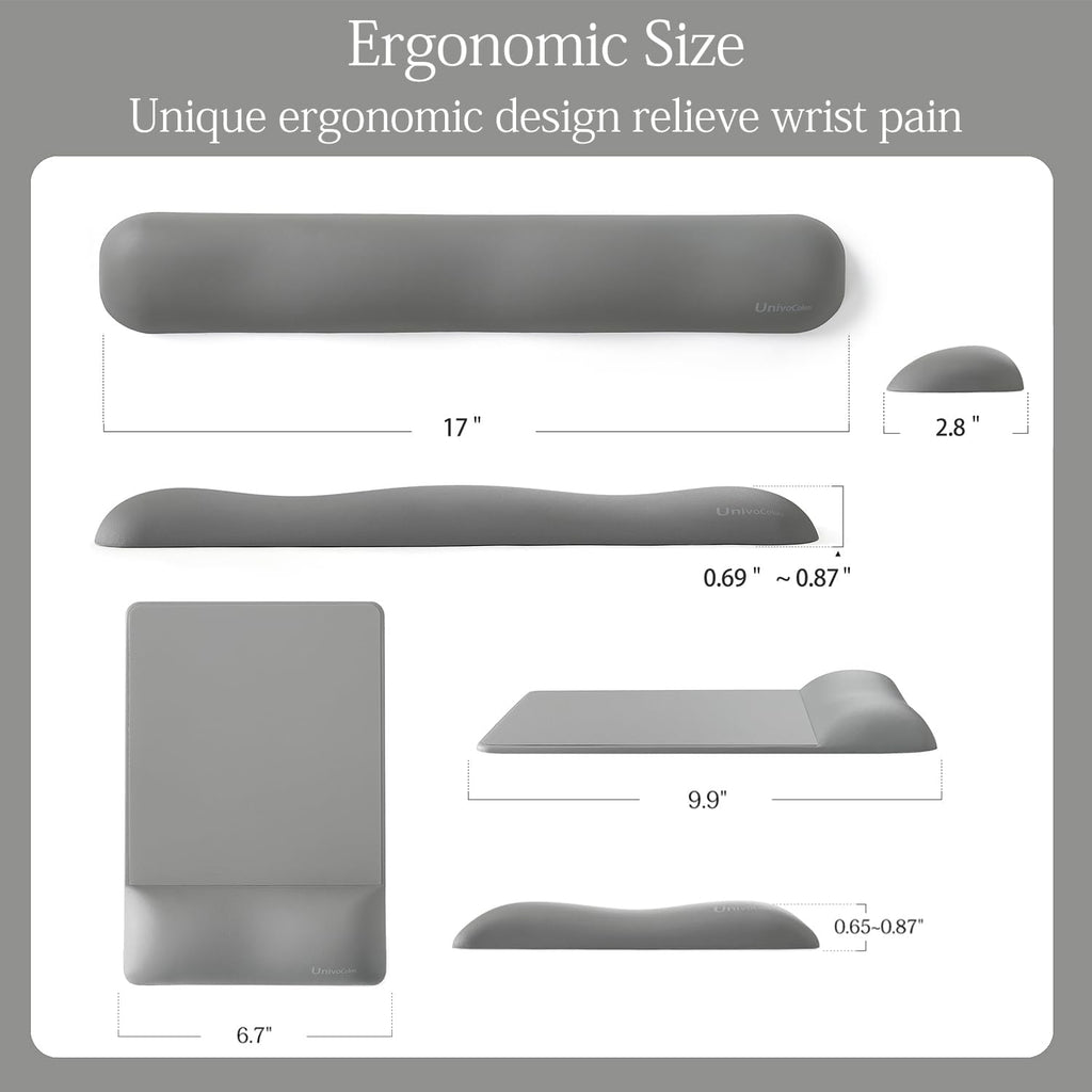 UnivoColors Design-Wave Set of Keyboad Wrist Rest & Mouce Pad,Artificial Sheepskin+Memory Foam+Ergonomic+Anti-Slip Gel, Resilience Support During Work and Gaming,Keyboard Accessory,Grey
