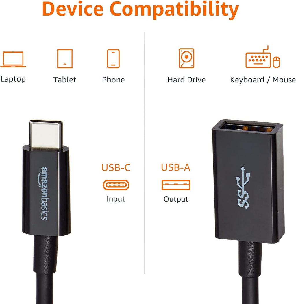 Amazon Basics USB 3.1 USB-C to USB-A Female Adapter Cable Converter, 5Gbps High-Speed, USB-IF Certified, for Laptops, Tablets, Phones (iPhone 16/15), Black