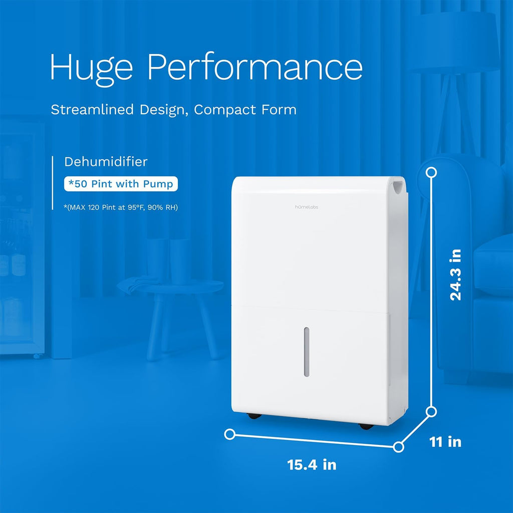 hOmeLabs 50 Pint Wi-Fi Dehumidifier with Pump for up to 7,000 Sq Ft (MAX 120 Pint at 95°F, 90% RH) – High Capacity Moisture Removal for Large Rooms, Offices, and Basements