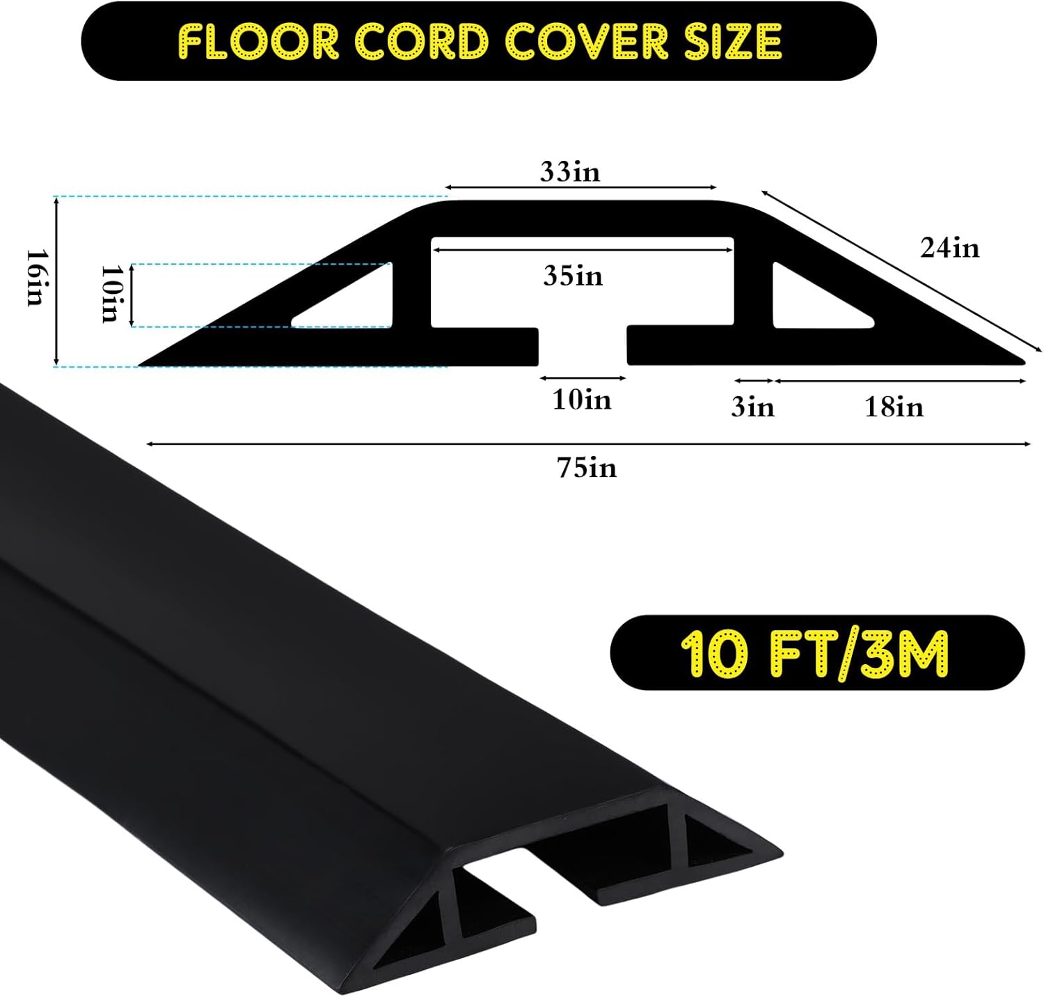 Pangda 10 FT Floor Cable Cover Heavy Duty Cord Cover Protector Power Cable Protector Soft Extension, Organize and Protect Wire on Floor for Home Office or Outdoor Settings (Black)