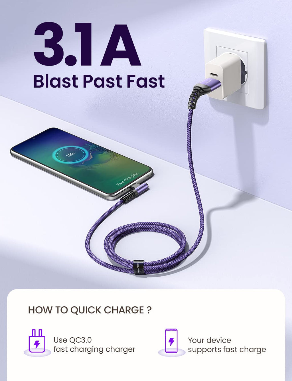 AINOPE 4-Pack [10/6.6/3.3/3.3ft] USB C Cable, 3.1A C Charger Cable Fast Charging, Right Angle Type C Charger Nylon Braided Compatible with Galaxy S10 S9 S8 Plus S21 S20, Note 10 9 8, LG Google Pixel