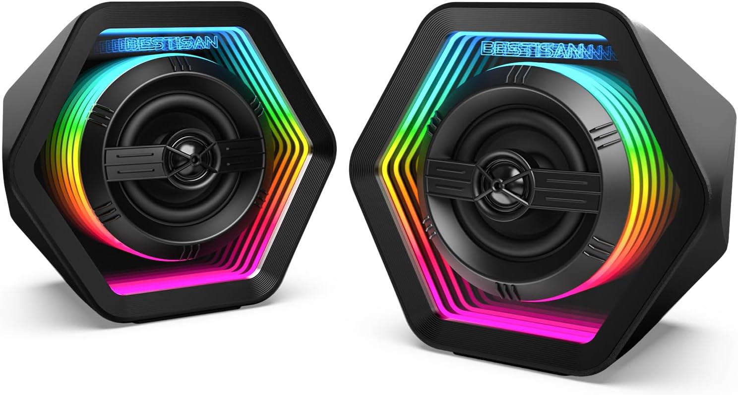 BESTISAN Computer Gaming Speakers with 8 RGB Modes, Compact Design, DC Powered Desktop Speaker with 3 EQ Modes, 50W Active Speakers with Bluetooth 5.3, AUX in, Headphone, Type-C Port for PC/Laptop/TV