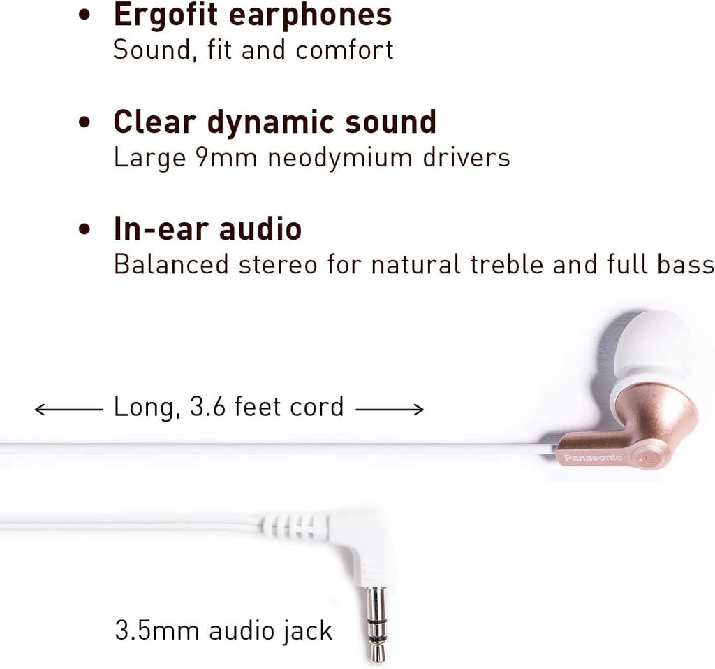 Panasonic ErgoFit Wired Earbuds, 3.5mm Jack In-Ear Headphones Wired with Dynamic Crystal-Clear Sound and Soft Ergonomic Custom-Fit Earpieces (S/M/L), for Phones and Laptops - RP-HJE120-N (Rose Gold)