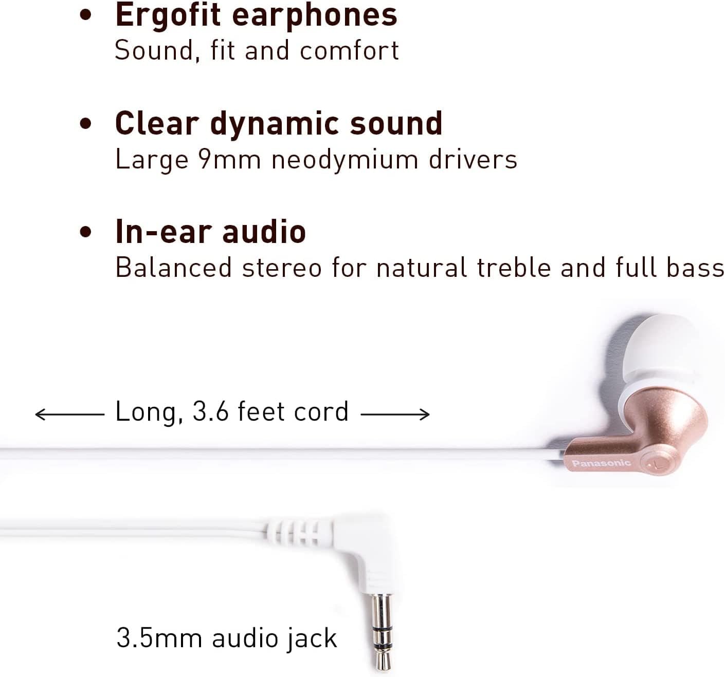 Panasonic ErgoFit Wired Earbuds, 3.5mm Jack In-Ear Headphones Wired with Dynamic Crystal-Clear Sound and Soft Ergonomic Custom-Fit Earpieces (S/M/L), for Phones and Laptops - RP-HJE120-N (Rose Gold)