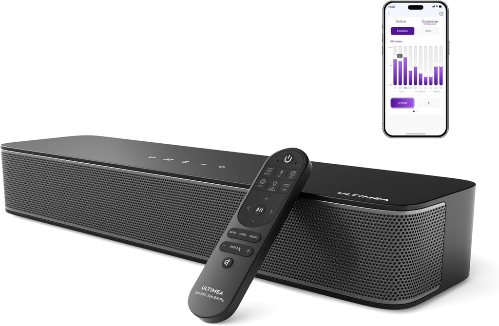 ULTIMEA 2.1ch Compact Sound Bar for TV, Built-in Subwoofer, APP Control, Peak Power 120W, All-in-one PC Sound bar for Game, 16 Inches Bluetooth 5.3 TV Sound Bar, Opt/AUX/Wall Mount, Solo B30 Pro