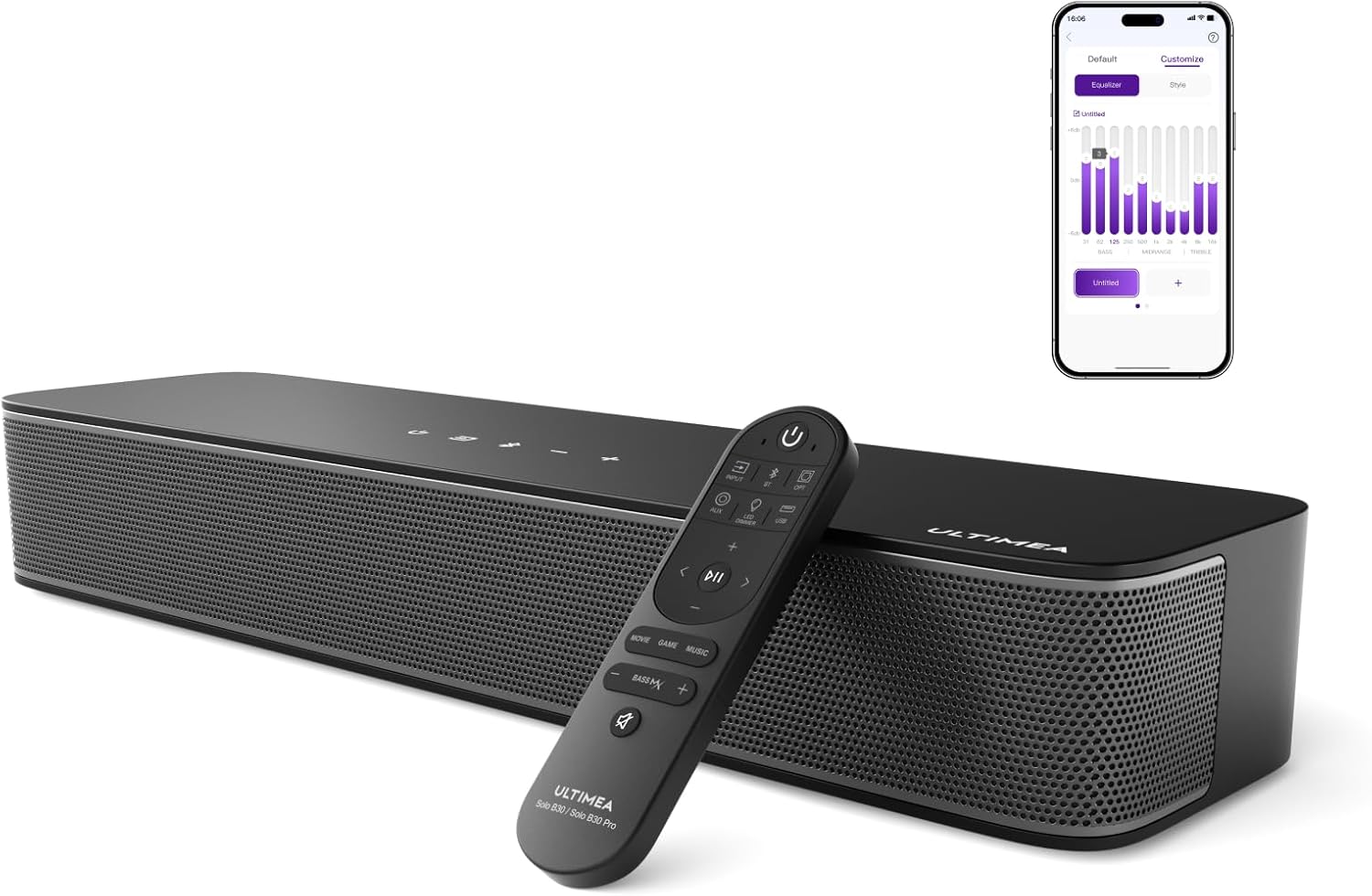 ULTIMEA 2.1ch Compact Sound Bar for TV, Built-in Subwoofer, APP Control, Peak Power 120W, All-in-one PC Sound bar for Game, 16 Inches Bluetooth 5.3 TV Sound Bar, Opt/AUX/Wall Mount, Solo B30 Pro