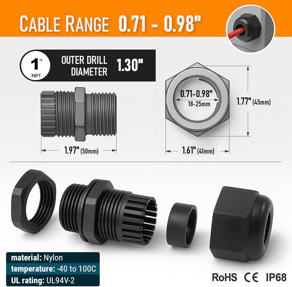 MGI SpeedWare 1" NPT Strain Relief Nylon Cord Grip Cable Glands, Black Plastic Grommet 2-Pack