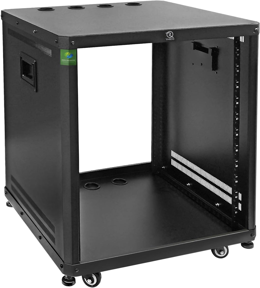 RIVECO POMU 12U Network & Stereo Rack with Caster Wheels, Rolling Server Rack Open Cabinet for 19 inches Audio Video Musical & IT Equipment Mounting, Round & Square Holes, Build in Handles Heavy Duty