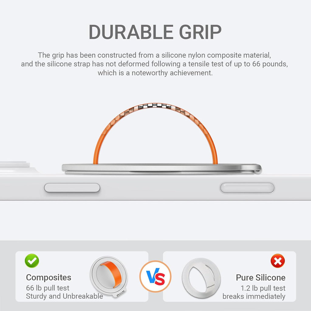 Grat 3 Upgraded Magnetic Phone Grip Stand, 360° Rotatable Silicone Strap Phone Loop Holder, Detachable Ring Kickstand Compatible with Magsafe iPhone 16 15 14 13 12 Pro/max, Silver