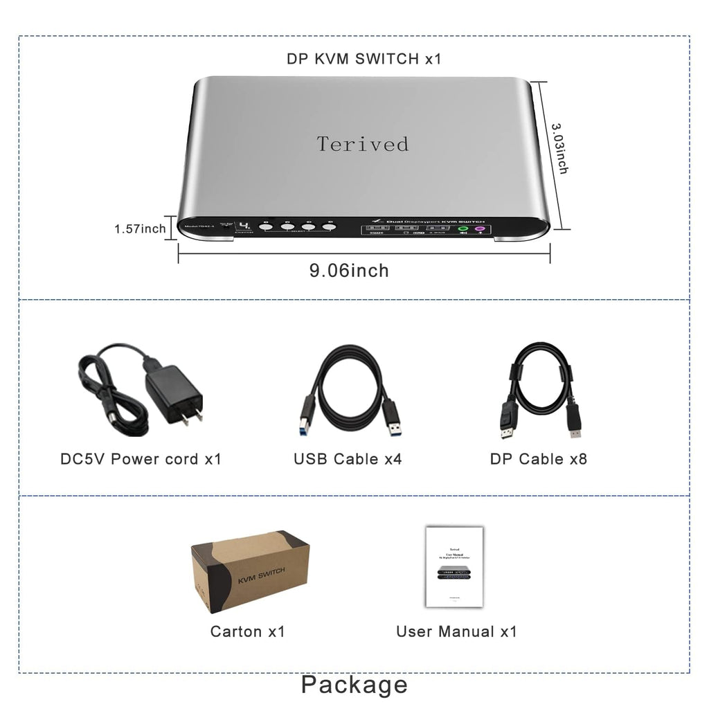 4 Computers 2 DP Monitors Automatic KVM Switch, 8K@30Hz 4K@144Hz 4 Port DP USB 3.0 Dual Monitor, Aluminum hotkey Audio Microphone, Digital Display, HDR10 with Cables