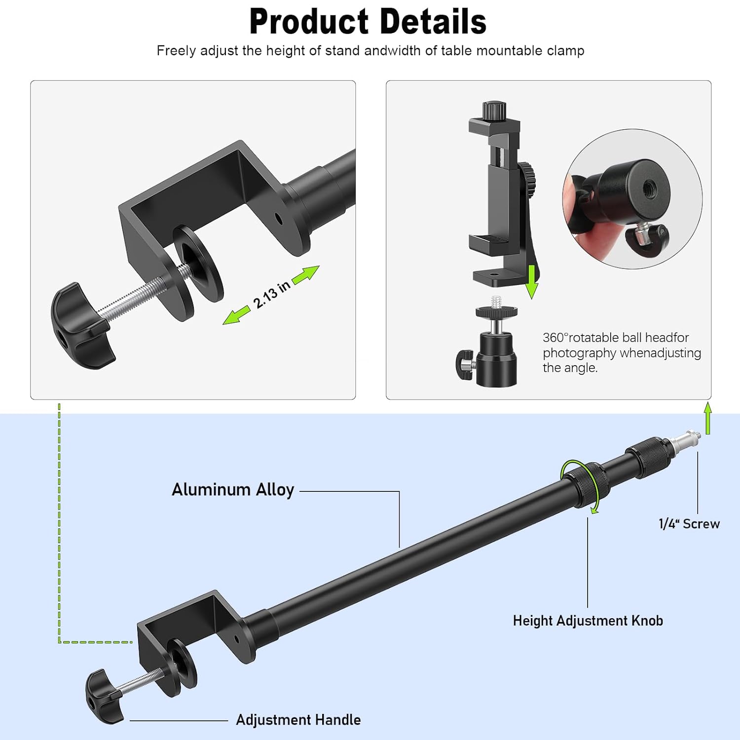 2 Pack Desk Mount with 1/4" & 3/8" Screws, Ball Head, 17-41" Adjustable Aluminum Stand, for DSLR & Ring Light