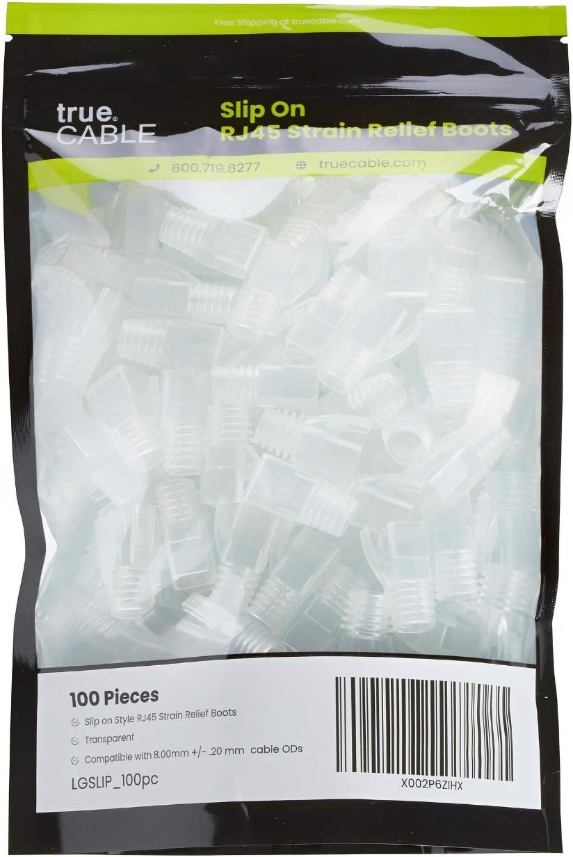 trueCABLE RJ45 Strain Relief Boots, 8.0mm Slip-On PVC Plug Cover, Transparent, 100 Pieces