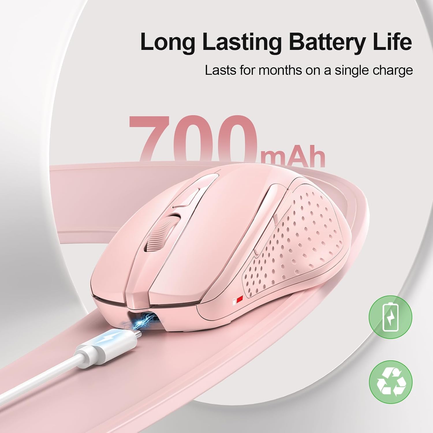 TECKNET Rechargeable Wireless Mouse, 2.4G Silent Mouse, Quiet Click, 6 Adjustable 4800 DPI, Cordless Computer Mouse, Ergonomic Mouse for Laptop, 6 Buttons USB-A Mouse for Chromebook, Ergo Grip - Pink