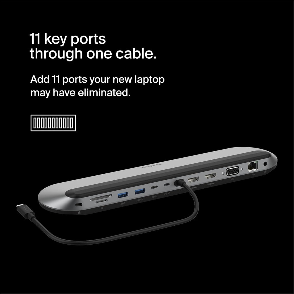 Belkin Connect 11-in-1 Universal USB-C Pro Dock w/ 3-Monitor Support, Silicon Motion Technology - Works with Mac, Windows, and Chromebook - 100W PD w/ 10Gbps Transfer Speeds & 2.5Gbps Ethernet - Grey