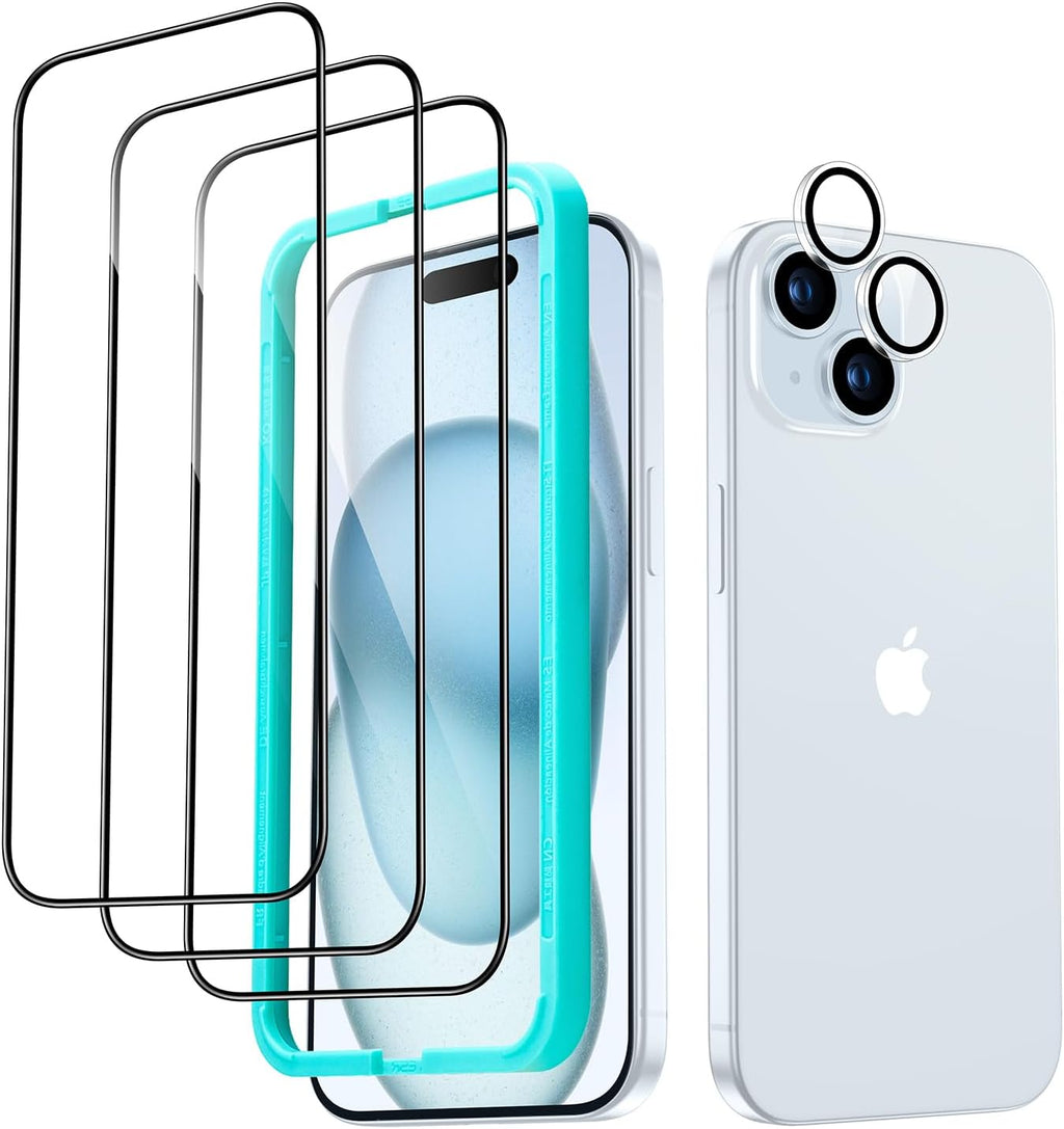 ESR 3+1 Pack for iPhone 15 Plus Screen Protector, 3 Black Edge Tempered-Glass Film and 1 Set Camera Lens Protector, 2.5D Curved Edges, Full-Coverage Military-Grade Protection, Scratch Resistant