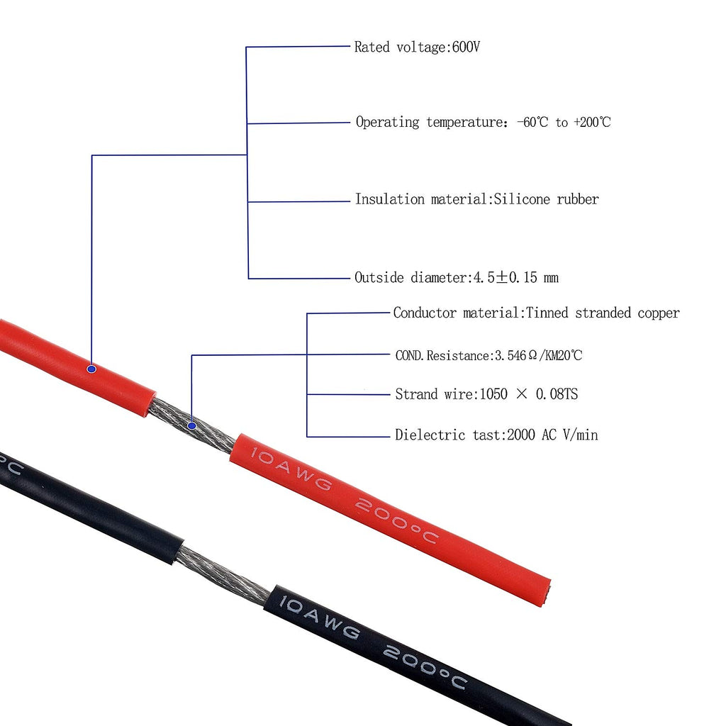 BOJACK 10 Gauge Silicone Wire 10 feet red and 10 feet Black Flexible 10 AWG Stranded Copper Wire(Pack of 1 Pair)
