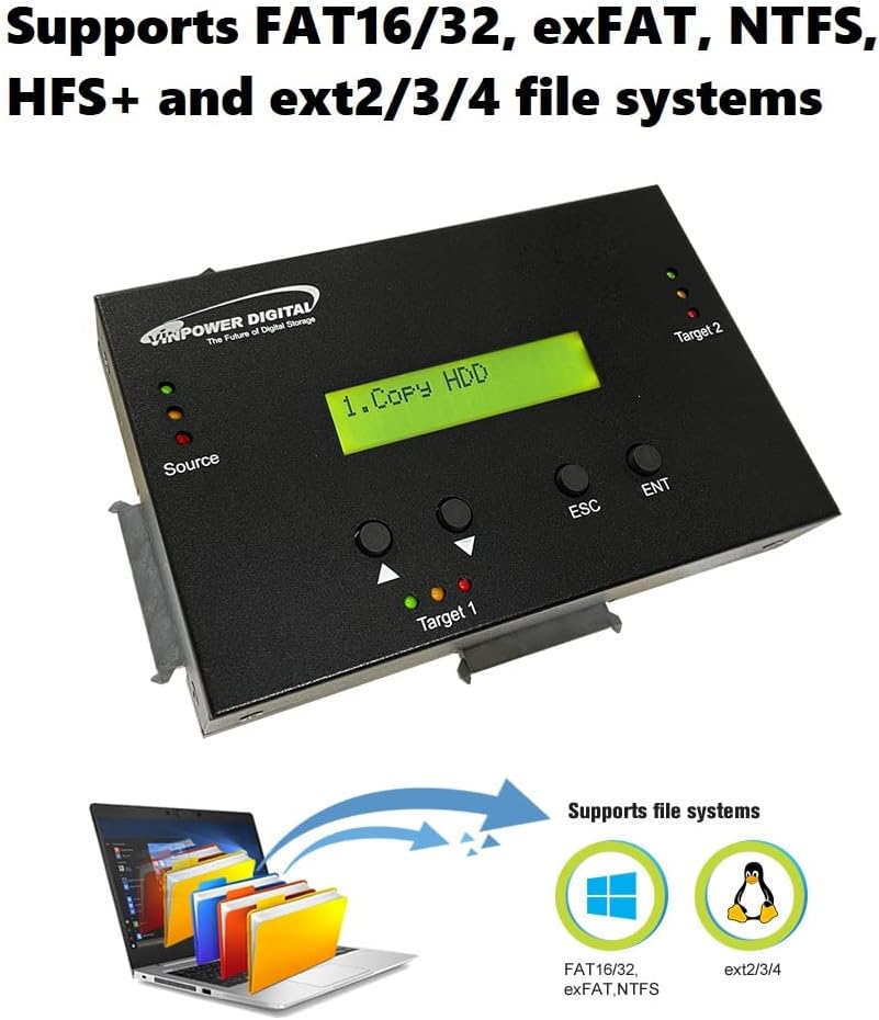 Vinpower 1 to 2 SATA 2.5" & 3.5" Hard Disk Drive/Solid State Drive (HDD/SSD) Clone Duplicator and DOD Level Eraser