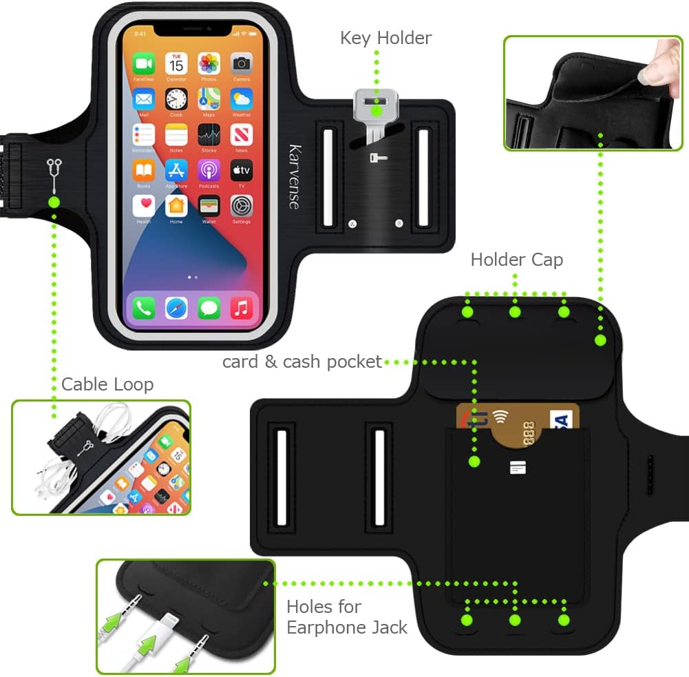 Phone Holder for Running, Karvense Phone Arm Bands for Running Exercise Workout Jogging, for iPhone 13 mini/12 mini/11 Pro/SE/XS/8/7, Samsung Galaxy, Moto, Cell Phones up to 5.4'', Sweat-Proof Armband