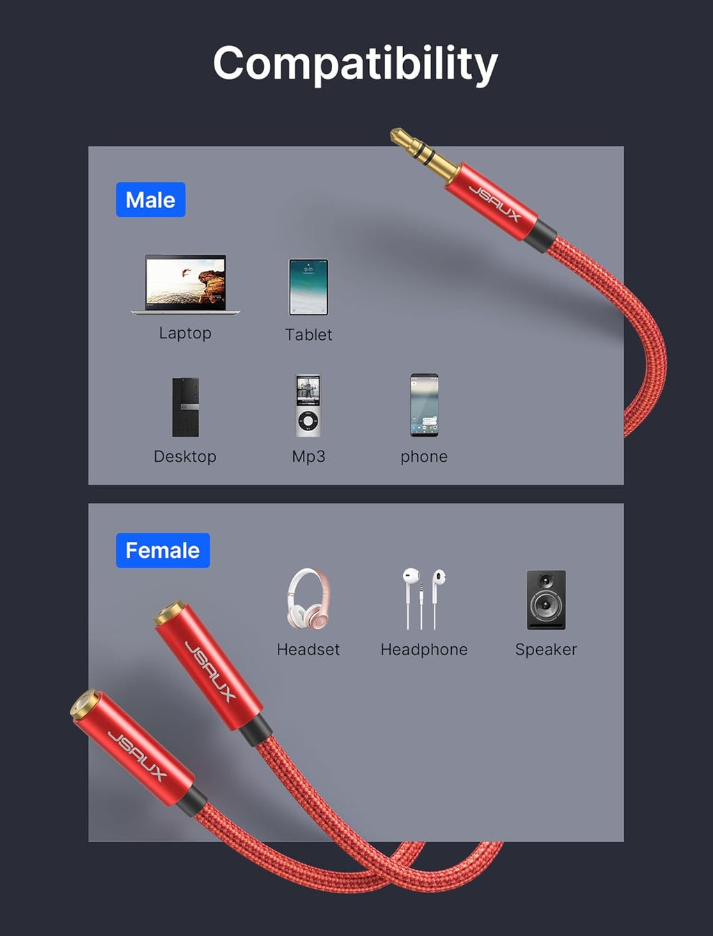 JSAUX Headphone Splitter 3.5mm, Audio Splitter 2 Female to 1 Male, Dual Headphone Adapter Compatible with PS4, PS5, Xbox, Nintendo Switch, PC Gaming Headsets, Phone, Tablet, Laptop and More-Red