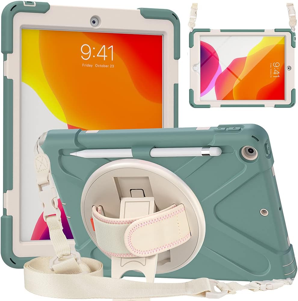 ZenRich Shockproof Case for iPad 9th/8th/7th Generation 10.2 inch 2021/2020/2019, Heavy Duty Rugged Case with Pencil Holder/360° Rotating Kickstand/Handle/Carrying Strap, EmeraldGreen