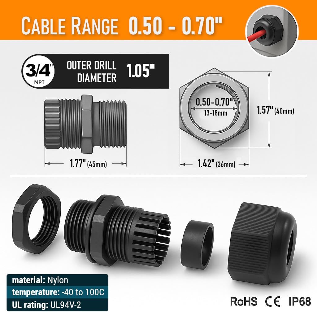 MGI SpeedWare 3/4" NPT Strain Relief Nylon Cord Grip Cable Glands, Black Plastic Grommet 4-Pack