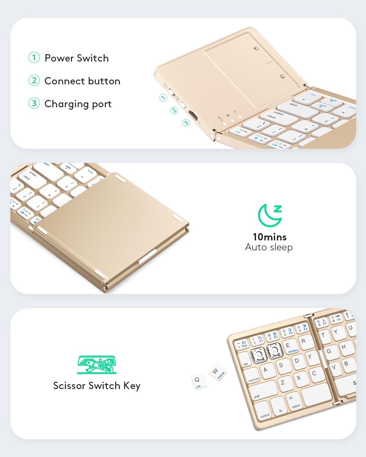 Samsers Foldable Bluetooth Keyboard with Touchpad - Portable Wireless Keyboard with Holder, Rechargeable Full Size Ultra Slim Pocket Folding Keyboards for Android Windows iOS Tablet & Laptop - Gold