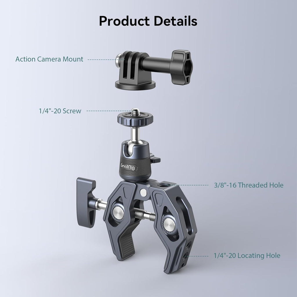 SMALLRIG Camera Mount Clamp, Gopro Motorcycle and Bike Handlebar Mount Kit, Super Clamp for DSLR, Action Camera, Gopro, Insta360, LED Light, Monitor, Max Load 3.5KG