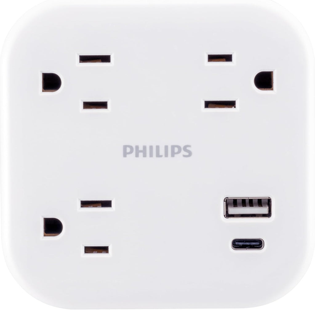 Philips EZFit 3-Outlet Surge Outlet Extender with USB, 1 USB-A, 1 Type-C, Adapter Spaced, Charging Station, 12W, 980 Joules, 2 Pack, White - SPP3605W/37