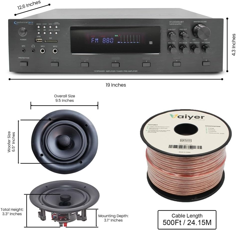Vaiyer Home Audio System Kit, 6-Channel 6000 Watts Bluetooth Amplifier with 6.5" 8 QTY of 200 W Each Frameless in-Wall in-Ceiling Speakers & 16 AWG 500 ft. Speaker Wire - Perfect for Home, Office, Bar