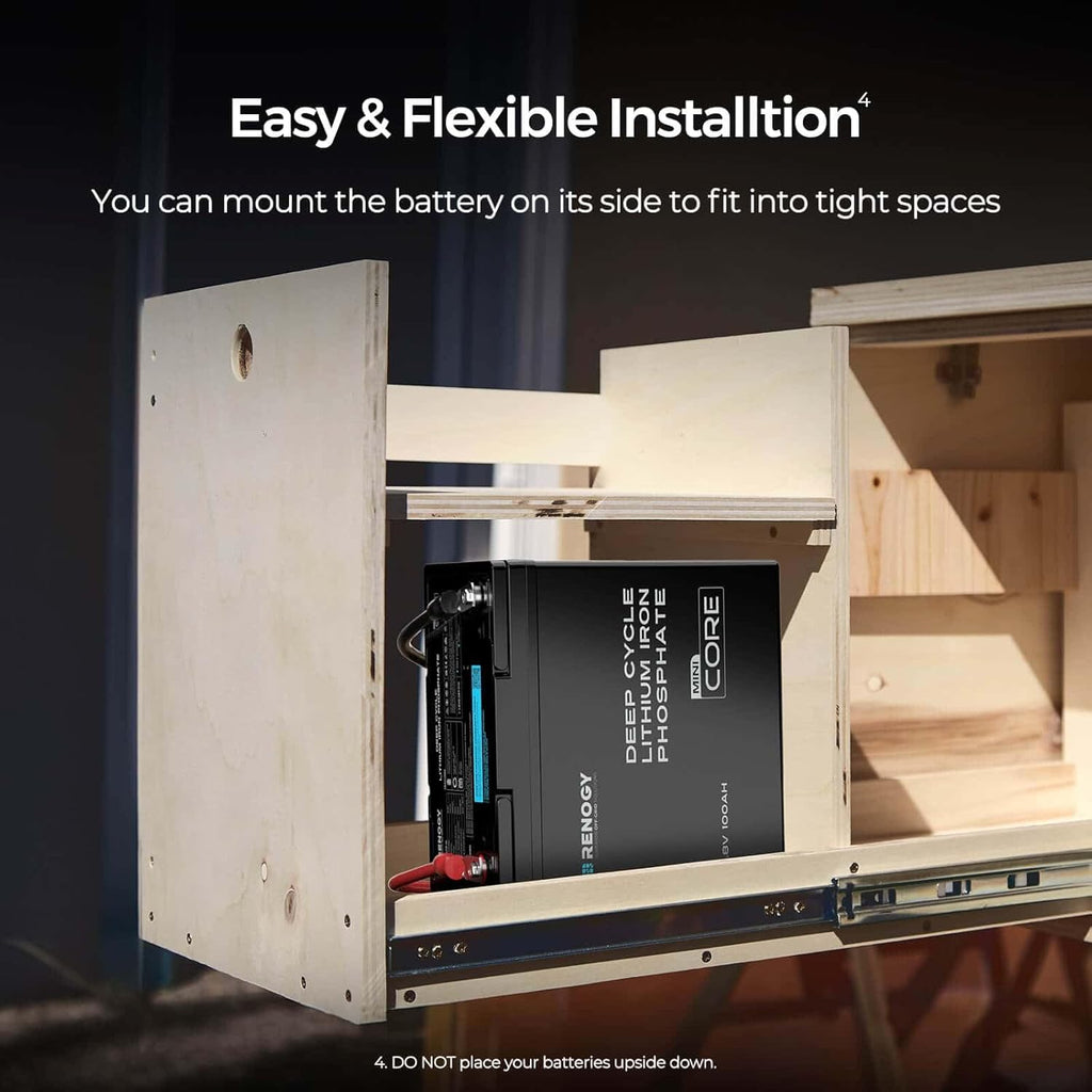 Renogy 12V 100Ah LiFePO4 Lithium Battery Mini Size, 100A BMS for Ultimate Safety, Deep Cycle w/Remote Monitoring Compatibility, Backup Power for RVs, Cabins, Marine, and Off-Grid Systems - Core Series