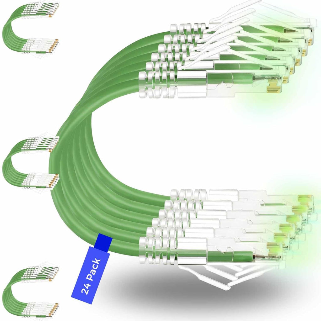 Rapink Patch Cables Cat6/ Cat6a 1ft (24 Pack) Slim, Cat6a Ethernet Patch Cable 10G Support, Snagless Cat 6 Patch Cable for Patch Panel to Switch, Flexiable Cat6 Ethernet Cable Green