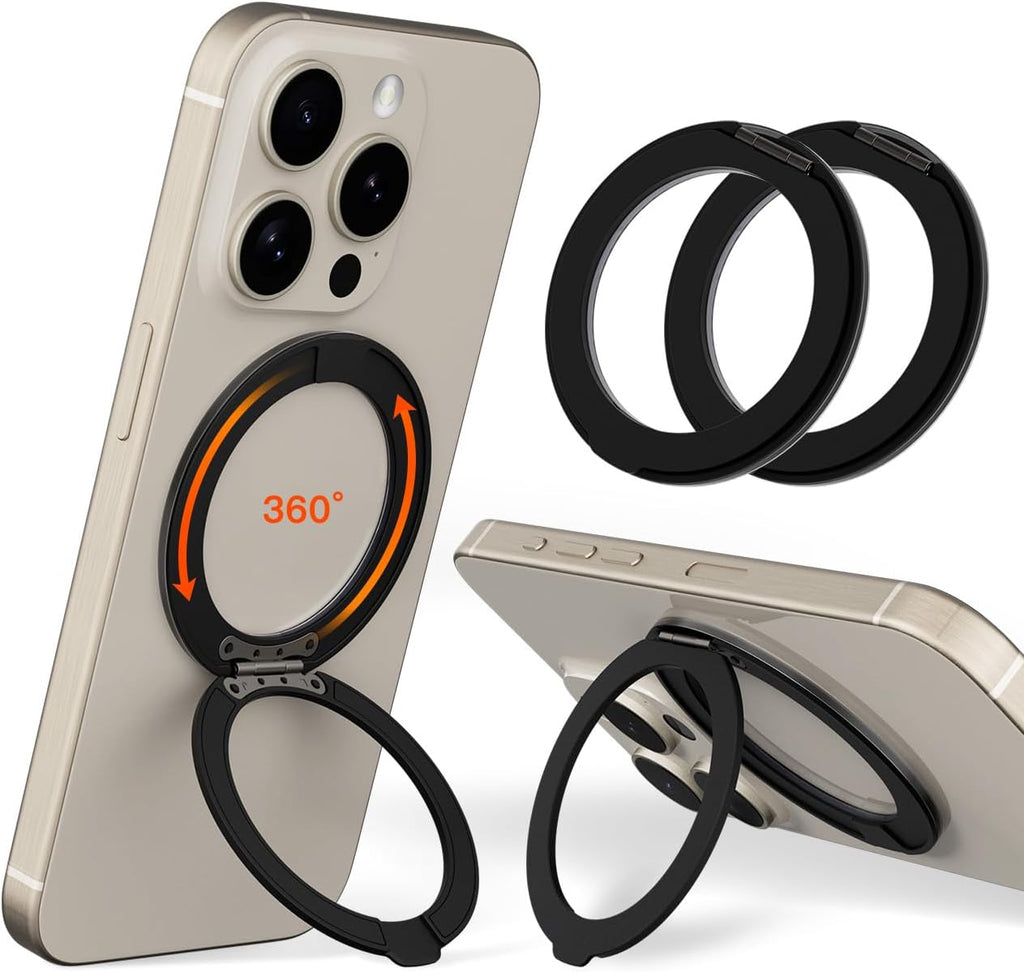 COOLQO 2Pcs 360 Spin Cell Grip Ring Phone Stand [Upgrade Gear Hinge Stress Anxiety Relief] Magnetic Holders for Your car Accessories Desk Mount Compatible with iPhone All Smartphones, Black
