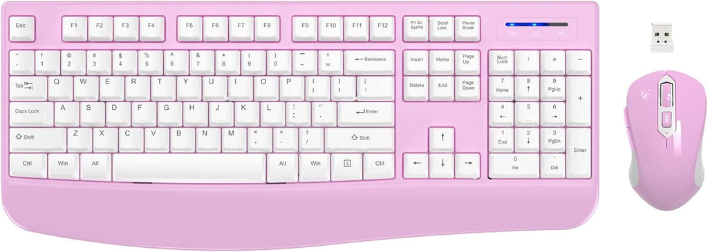 Wireless Keyboard and Mouse Combo, EDJO 2.4G Full-Sized Ergonomic Computer Keyboard with Wrist Rest and 3 Level DPI Adjustable Wireless Mouse for Windows, Mac OS Desktop/Laptop/PC(White Pink)