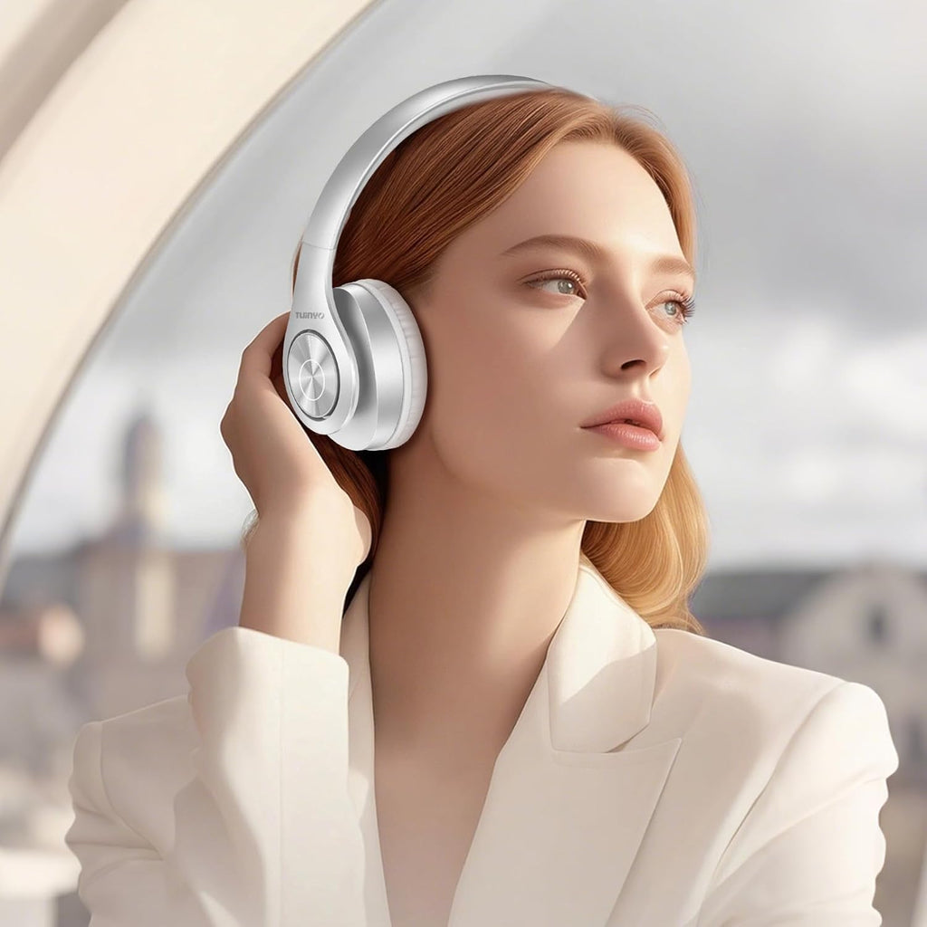 TUINYO Bluetooth Headphones Wireless, Over Ear Stereo Wireless Headset 40H Playtime with deep bass, Soft Memory-Protein Earmuffs, Built-in Mic Wired Mode PC/Cell Phones/TV-White … …