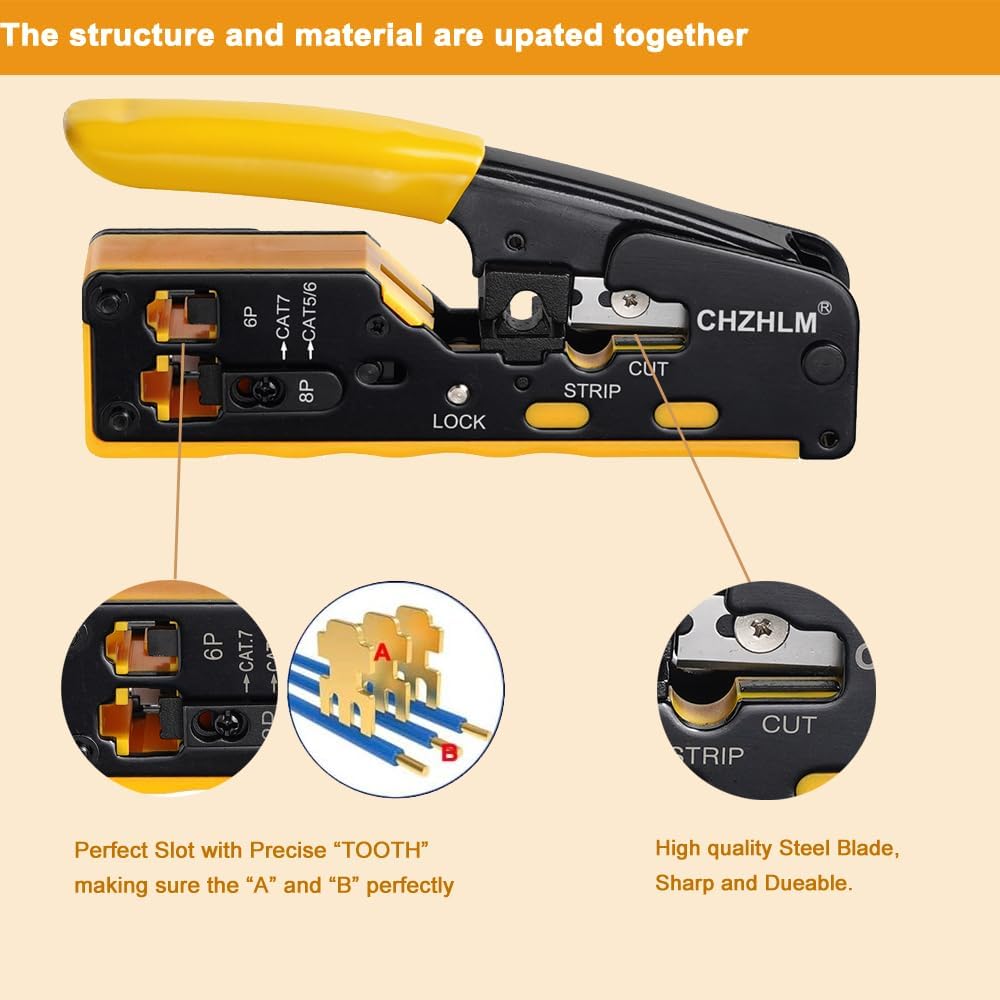 Rj45 Crimp Tool Pass Through Ethernet Crimping Tool kit for 8P-Cat7 Cat6 Cat5 6P Telephone Connector Network Crimp Tool RJ45 Crimper With Cable Tester Covers Connectors Mini Yellow Stripper