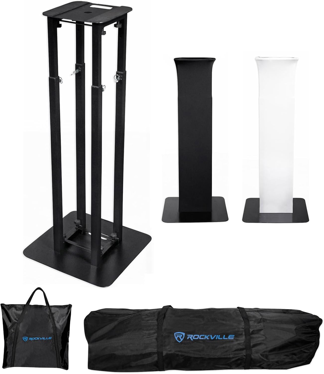 Rockville RTP82B 8 ft Adjustable Black Totem Moving Head Light Stand, Dual Scrims, Travel Bags, Speaker Mount, for DJs and Stage Lighting