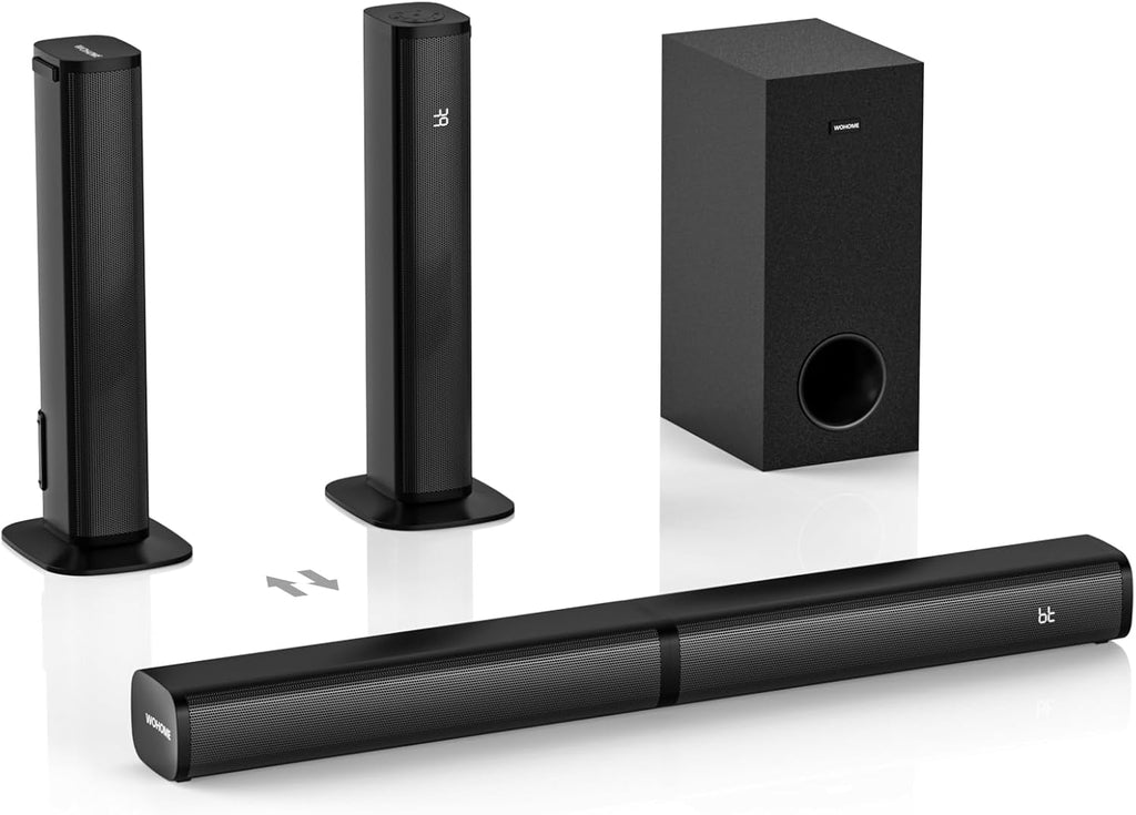 Wohome 2 in 1 Detachable Sound bar with Subwoofers, 4.1 Channel Bluetooth Sound Bar for Smart TV, Home Theater Surround Sound System, Optical, AUX, USB Input, Bass Adjust, Remote/Button Control