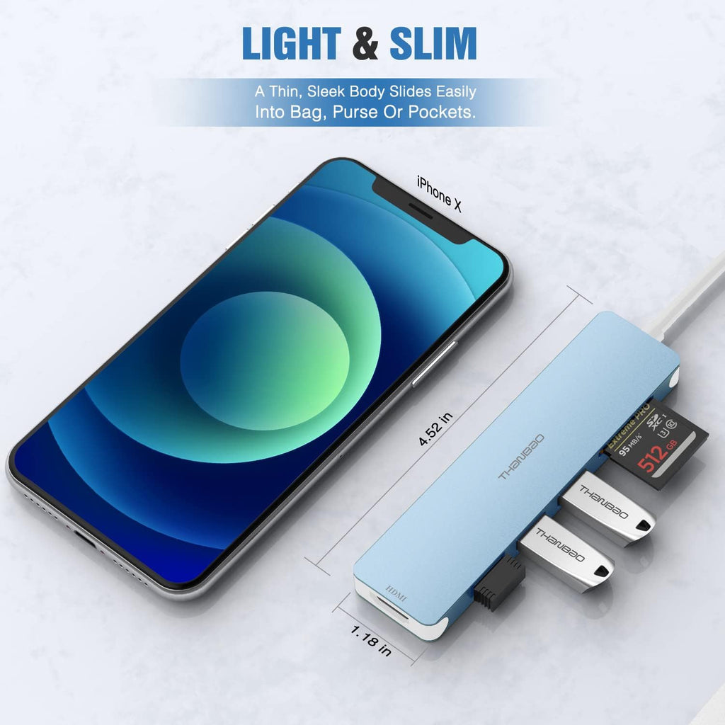 USB C Hub Multiport Adapter, 7 in 1 Portable Dongle with 4K HDMI Output, 3 USB 3.0 Ports, SD/TF Card Reader Compatible for MacBook Pro, XPS, and More