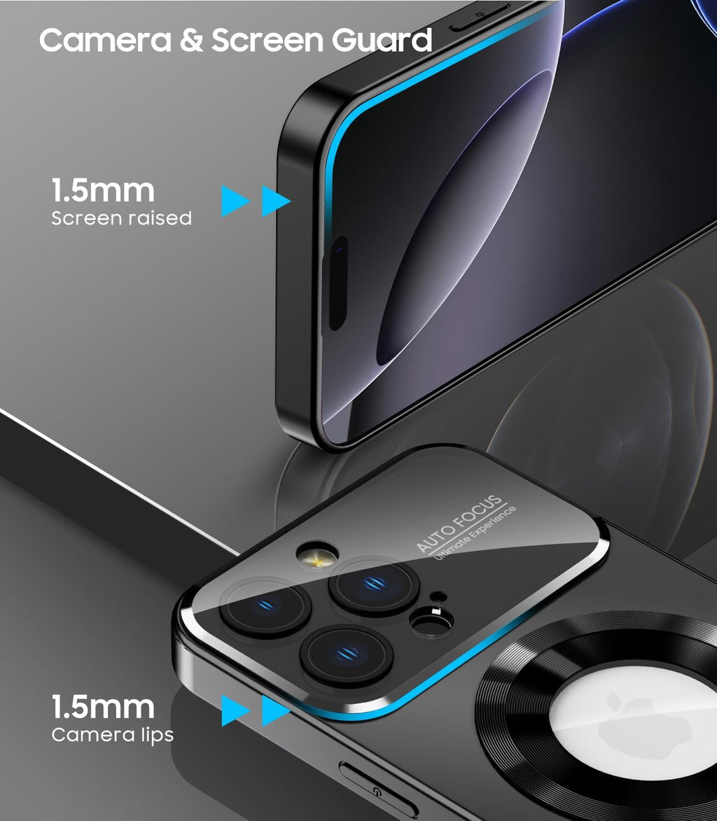 Magnetic for iPhone 16 Pro Case, Compatible with MagSafe, Built-in Camera Lens Protector, Logo View, Military Grade Drop Proof Phone Cover, Black
