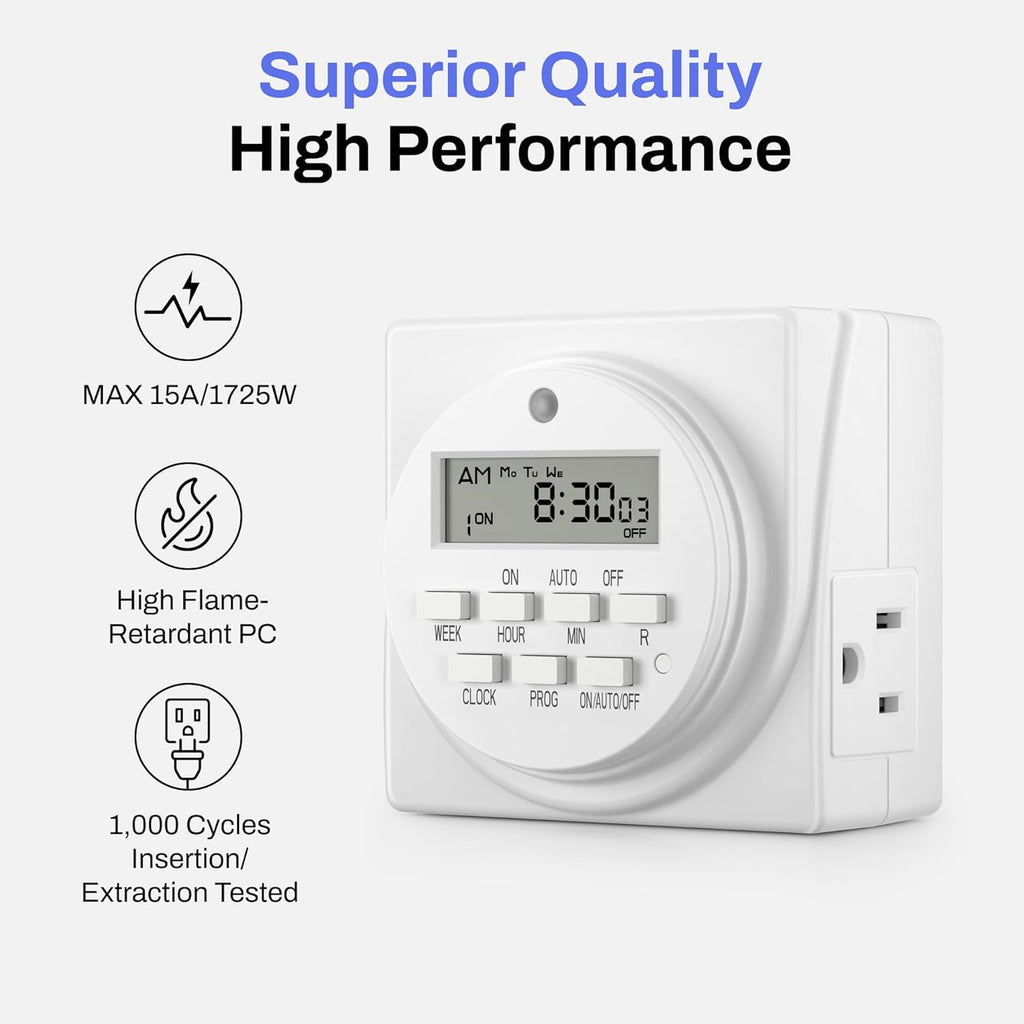BN-LINK 7-Day Heavy Duty Digital Programmable Timer, 120V, 60Hz, Dual Outlet forLight, ETL Listed (2-Pack)