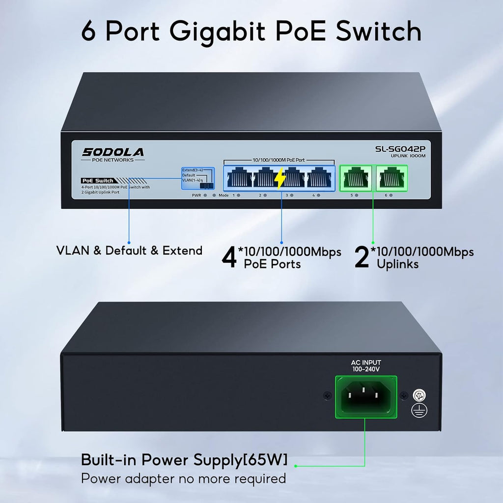 SODOLA 4 Port Gigabit PoE Switch with 2 Uplinks, AI Watchdog/Extend/Port Isolation, 802.3af/at,Plug & Play Unmanaged Network Switch