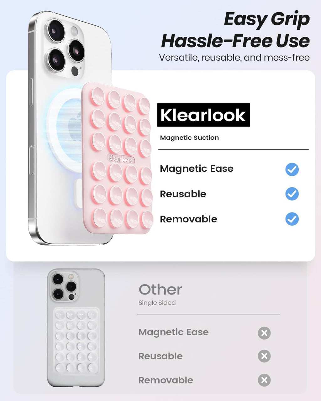 Klearlook 2Pack Magnetic Suction Phone Mount for MagSafe Case, Sticky Phone Grip Holder for iPhone, Removable Hands-Free Selfie/Video for TikTok Influencers, Women Girl Gift, Light Pink & Transparent