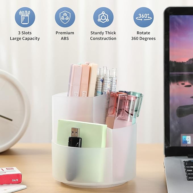 Desk Pencil Pen Holder, 3 Slots 360-Degree Spinning Organizers, Desktop Storage - Image 2