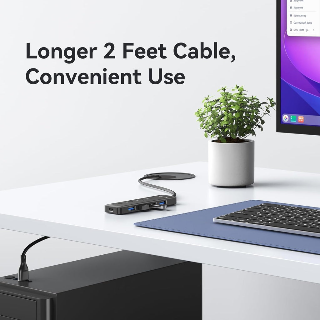 MOKiN USB 3.0 Hub, 5-Port Ultra Slim Data USB Extender with 4*USB A 3.0 Ports + USB C Power Port for Laptop, Chromebook, Dell Acer and More, 2FT Extended Cable…