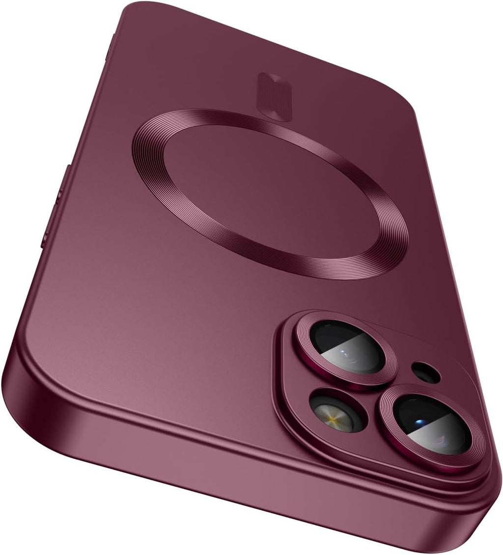 Magnetic for iPhone 15 Case [Compatible with MagSafe][Built-in Camera Lens Protector] Slim Soft Silicone Bumper Shockproof Metallic Shine Phone Case (Burgundy)